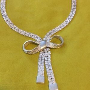 Vintage silver tone Bow Necklace Nugget Textured